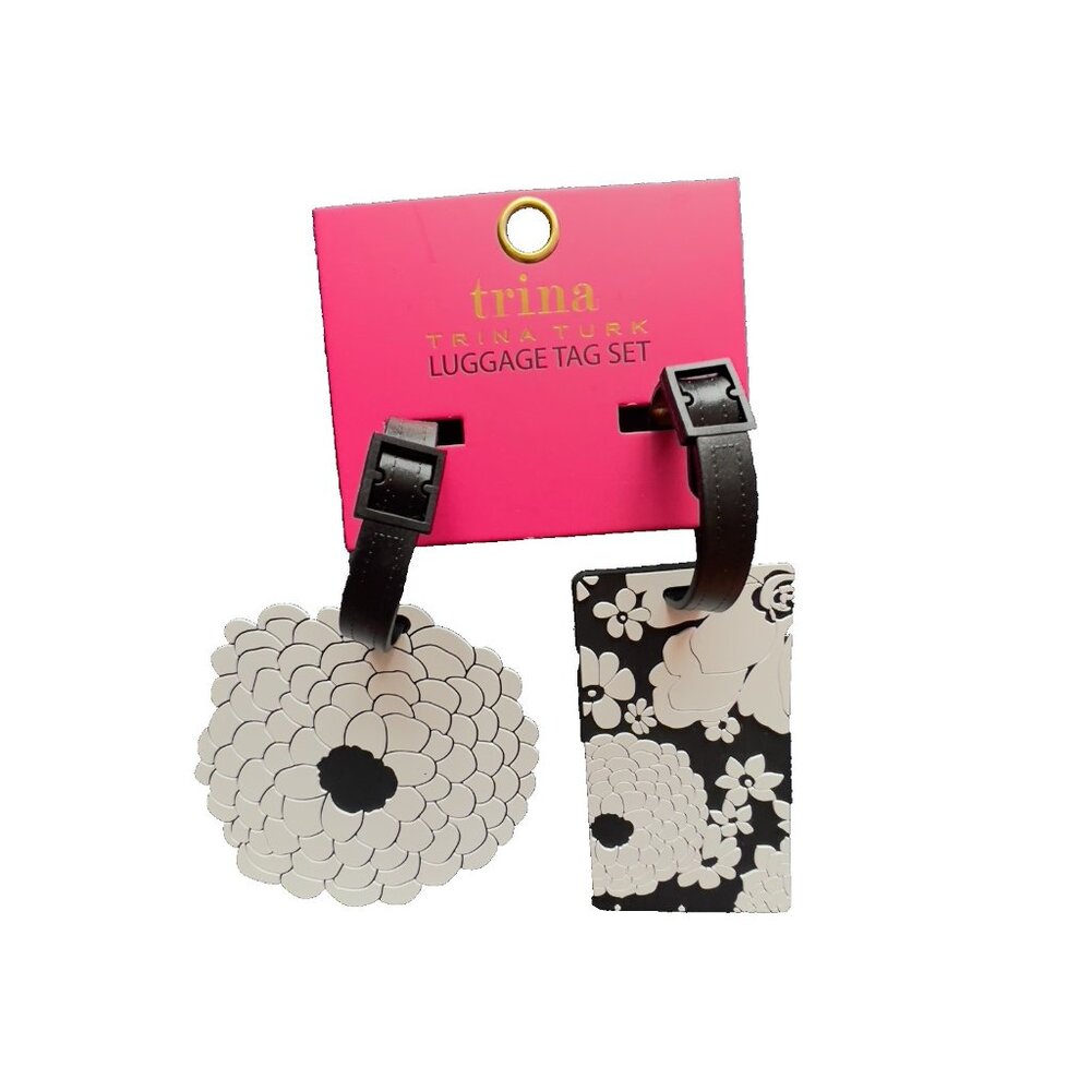 TRINA TURK Luggage Tag Set 2 Black White Flowers Silicone Traveler Gift TRAVEL